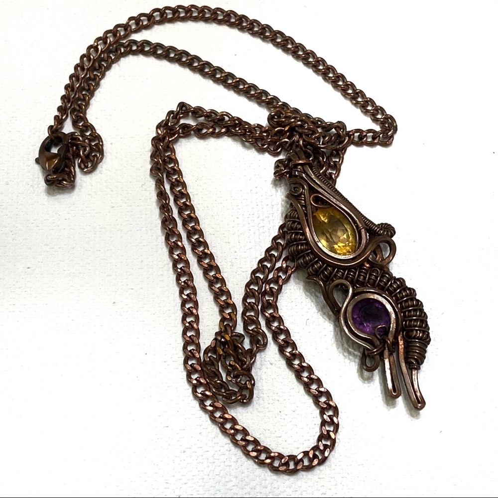 VINTAGE RETRO STEAMPUNK YELLOW PURPLE GEMSTONE COPPER TONE NECKLACE